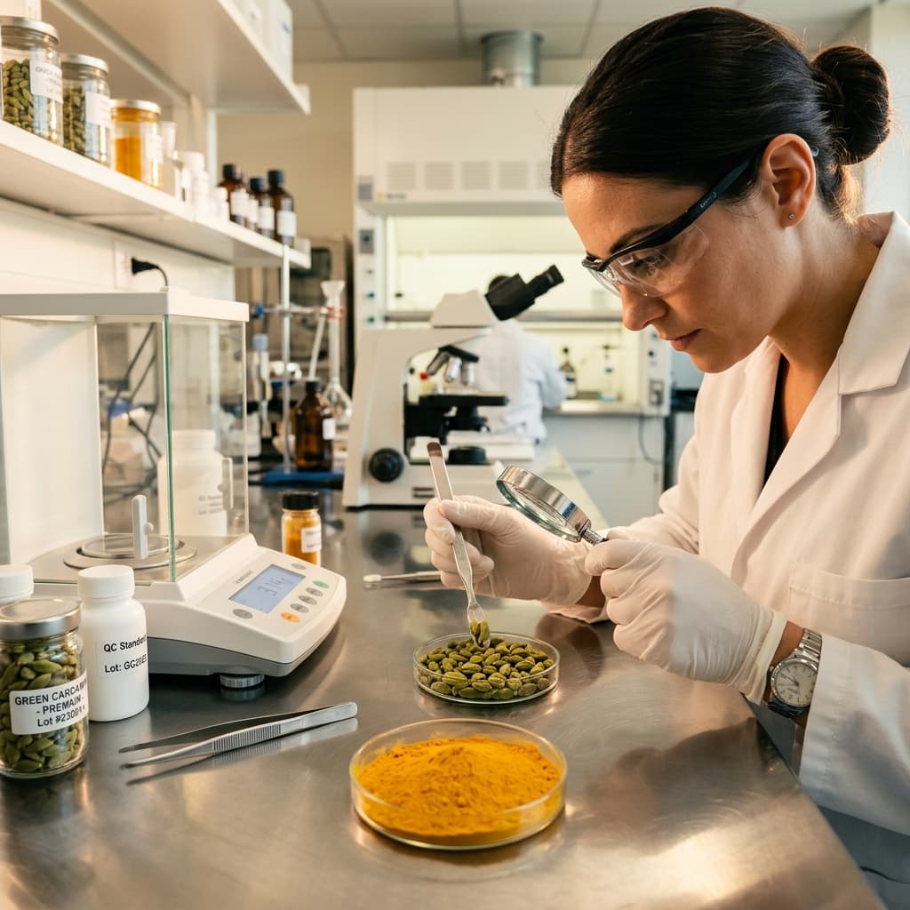Laboratory technician testing cardamom, turmeric and pepper samples for export quality
